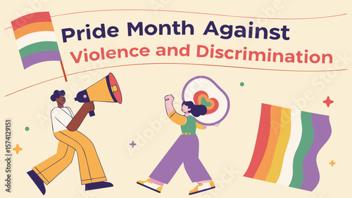 A celebration of Pride Month featuring diverse individuals advocating against violence and discrimination.