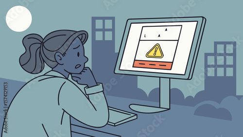 A worried Hispanic woman examines an error message on her computer late at night, illustrating tech-related stress.