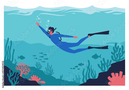 Scuba Diver in Blue Wetsuit Swimming Underwater with Goggles and Fins.