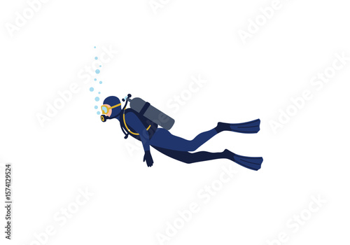 Scuba Diver in Dark Blue Wetsuit with Tank and Fins.