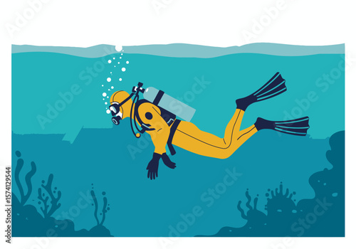 Scuba Diver in Yellow Suit with Tank and Fins Underwater.