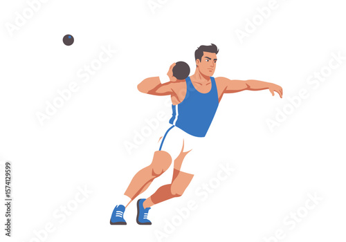 Shot put athlete in blue tank top preparing to throw the ball.