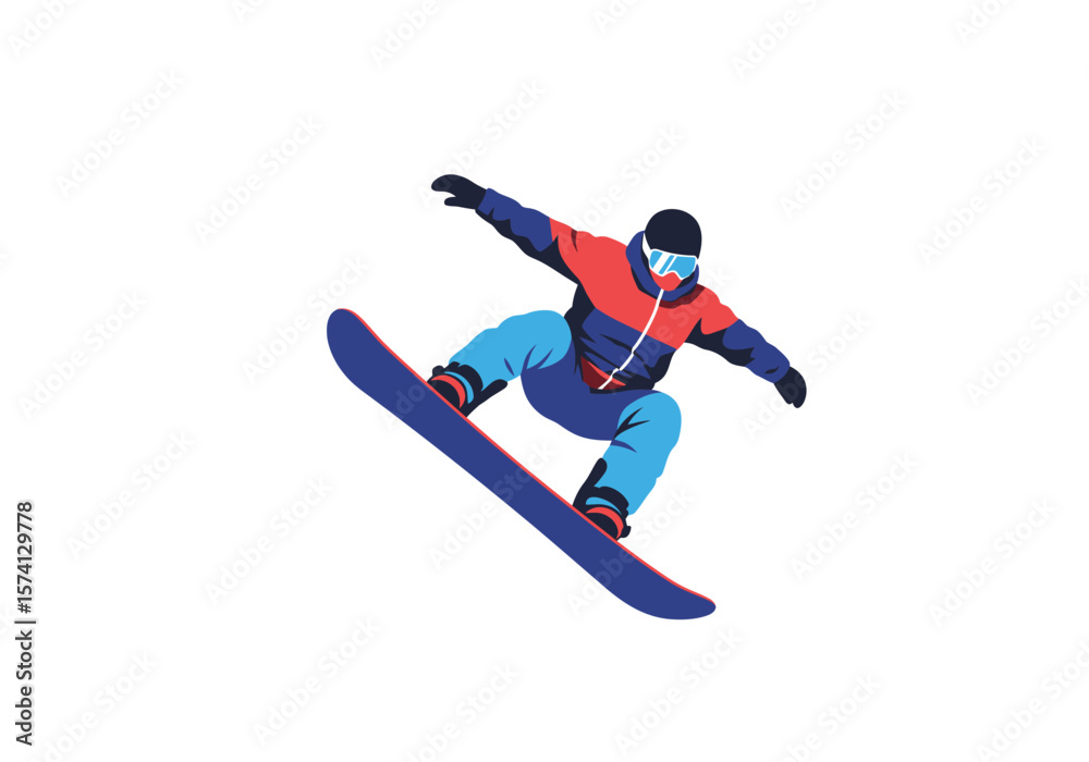 Obraz premium Snowboarder in MidAir with Red and Blue Jacket and Goggles.