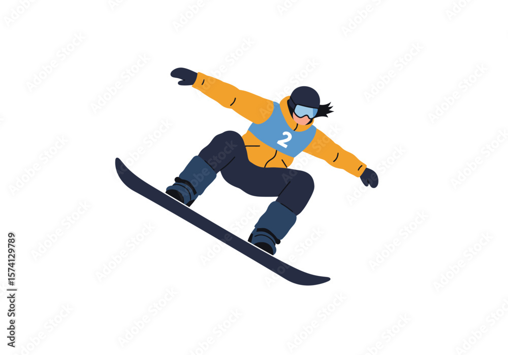 Obraz premium Snowboarder in Action Yellow Jacket Blue Vest and Dark Snowboard.