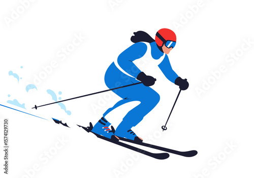 Skier in Blue Suit Red Helmet and Goggles Skiing Downhill with Poles.