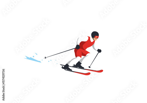 Skier in Red Suit Black Helmet and Goggles Skiing Downhill with Poles.