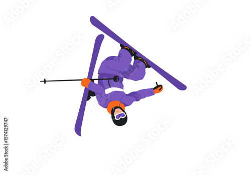 Skier in MidAir Performing a Trick with Purple Skis and Orange Gloves.