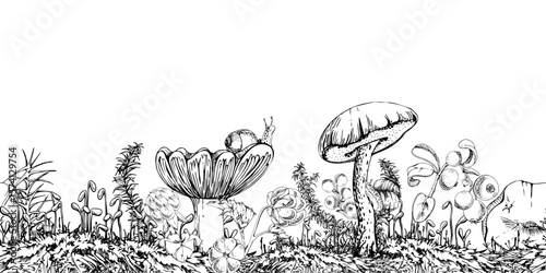 Birch bolete cep russula scaber stalk mushroom, snail, horsetail plant, cranberry lingonberry berries twigs on top of moss cushion with spore stalks. Seamless banner header hand drawn in vector ink