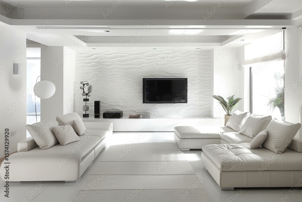 Fototapeta premium Bright, spacious living room featuring white furniture, textured wall, and modern entertainment system, creating a luxurious and minimalist atmosphere