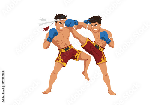 Two Muay Thai Fighters in Action with Blue Gloves and Headbands.