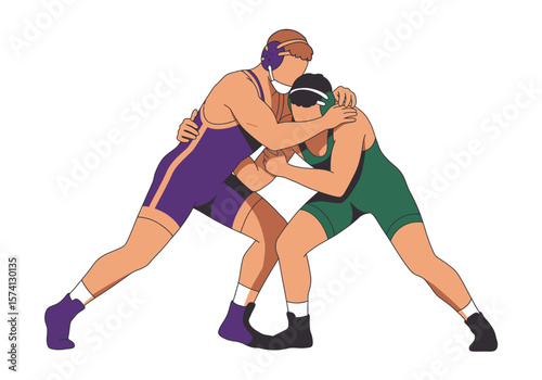Two wrestlers in a close embrace wearing protective headgear and singlets.
