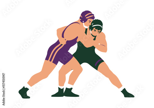 Two wrestlers in a grappling hold wearing singlets and headgear in a dynamic pose.