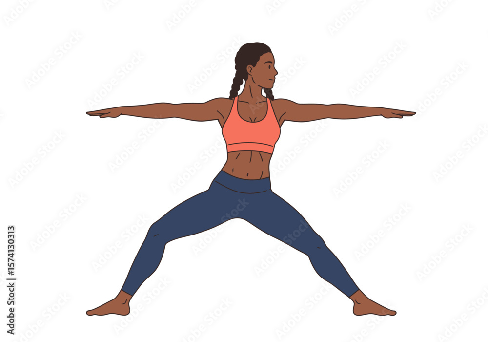 Obraz premium Woman in Warrior II Pose with Braids Wearing Coral Top and Blue Leggings.