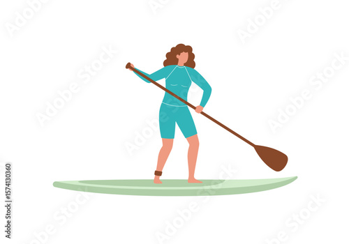Woman Paddleboarding in Turquoise Wetsuit with Brown Paddle on Light Green Board.