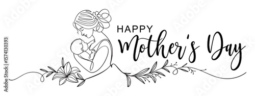 Mother holding baby in her arms. Mother and baby line art vector illustration. Continuous line drawing of mother and baby. happy mother day