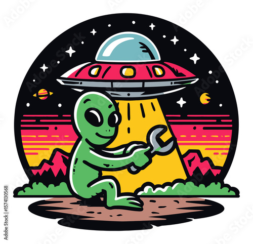 Colorful Cartoon Alien in UFO Surrounded by Stars and Planets