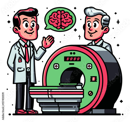 Cartoon Scientist with Brain Machine in Retro Comic Style Illustration