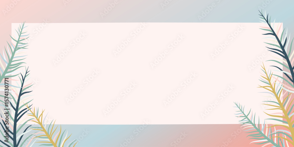 Obraz premium Soft pastel botanical frame with minimal tropical leaves and faded gradients, perfect for text placement, invitations, or elegant backgrounds.