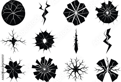 Glass crack broken texture window. Ice glass cracked effect background transparent isolated illustration. Hole in floor, broken glass symbol top view, break effect design.
