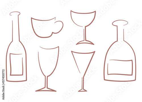 Set of hand drawn glass  bottles and glasses of wine. Decorative vector icons bottles and glasses.