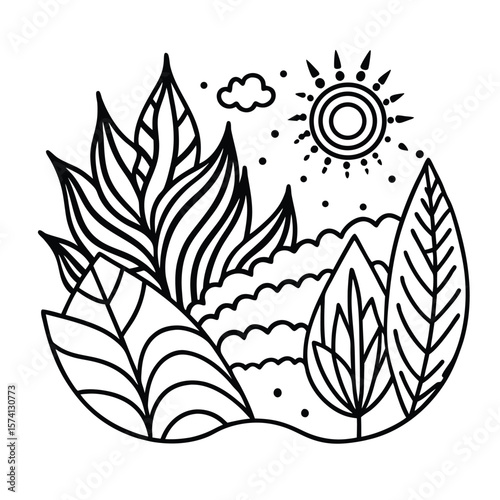Abstract Nature Doodle Art Sun, Clouds, and Leaves Line Drawing Illustration