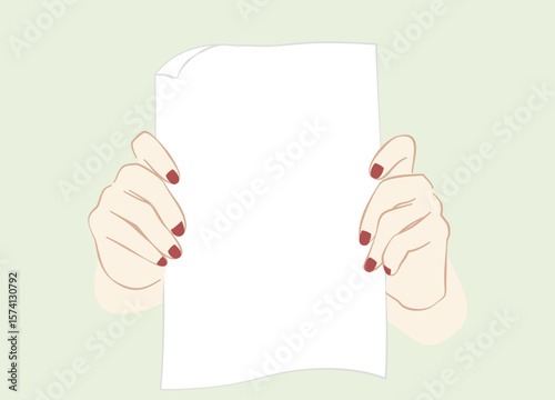 Two hands holding a white sheet. Concept for notice, display, contract notice, announce, postcard, gesture, no list.
