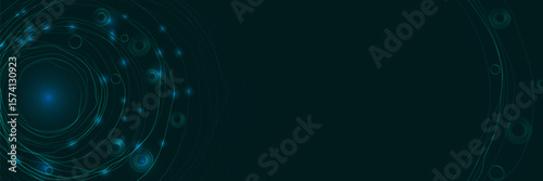 Dynamic vector design of concentric circles and glowing particles on dark background, creating abstract futuristic effect for illustrations on cyberspace, artificial intelligence, big data.