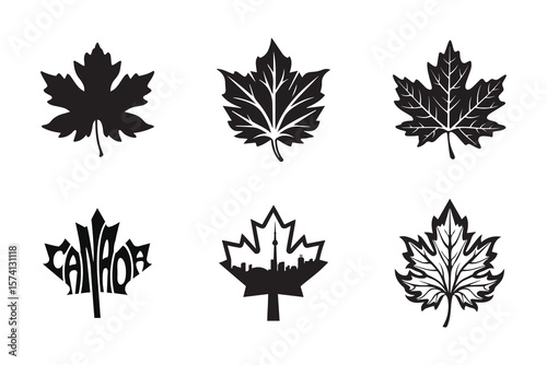 Canada Maple Leaf Shape set collection pack black icon silhouette vector flat illustration design on white background