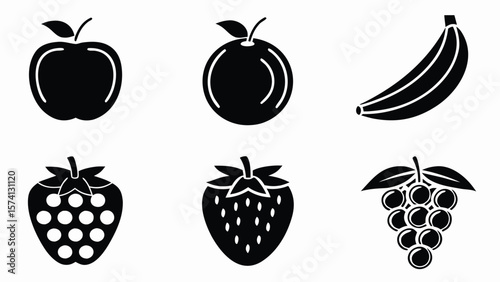 Collection of six black and white fruit icons including apple orange banana strawberries and grapes