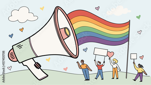 A diverse group of individuals holding signs and a rainbow flag, advocating for LGBTQ+ rights in a vibrant, cheerful setting.
