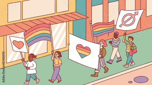 A diverse group of individuals, including women and men of various ethnicities, marching in an LGBTQ+ pride parade.