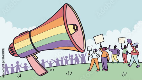 A vibrant illustration of a megaphone adorned with rainbow colors, symbolizing pride, amidst a lively protest scene.