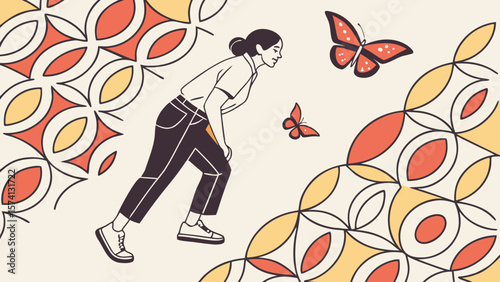 A young South Asian woman explores her surroundings, captivated by butterflies amidst vibrant floral patterns.