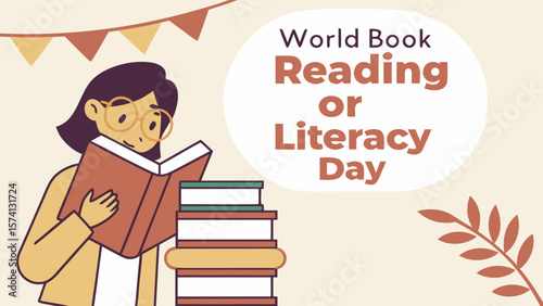 A young woman engrossed in reading a book, celebrating World Book Day with colorful stacks of books around her.