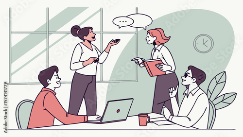 A diverse group of professionals engaged in a lively discussion in a modern office setting.