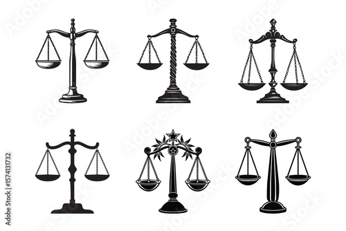 Scales of Justice Symbolizing Law, Equality, Attorney, and Lawyer Integrity set collection pack black icon silhouette vector flat illustration design on white background
