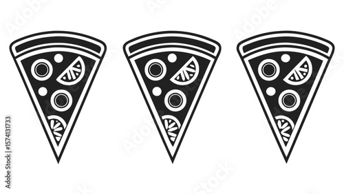 Three stylized slices of pizza with toppings in a simple black and white graphic