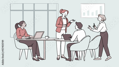 Diverse team of professionals collaborating in a modern office setting, engaging in a productive discussion.