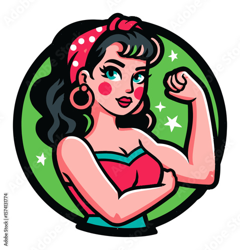 Charming Cartoon Woman with Green Eyes, Rose and Vintage Style Illustration
