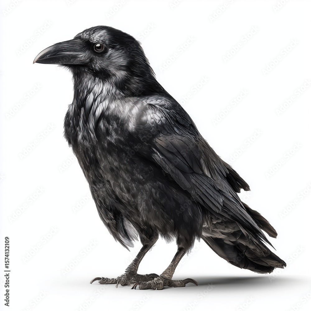 Fototapeta premium Majestic Raven Portrait - Detailed Black Bird , white background cut out PNG