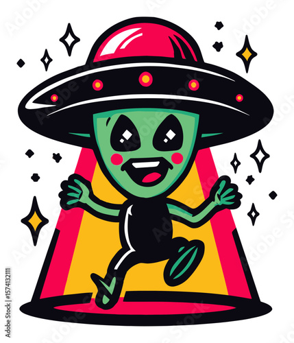 Happy Cartoon Alien with UFO and Stars in Vibrant Colors
