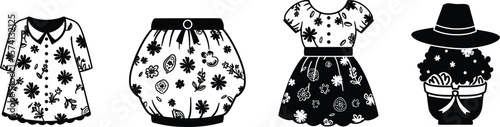 Fashion Vector Illustrations of Floral Dresses and Accessories, Creative Design for Apparel, Black and White Style