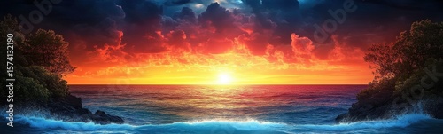 Sunset over the ocean with a wave crashing on the rocks travel concept banner copy space