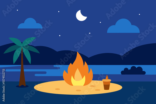 beach bonfire party scene at night