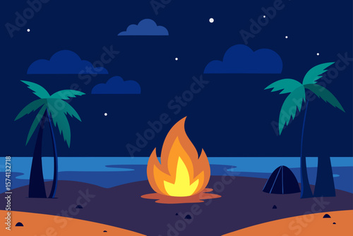 beach bonfire party scene at night