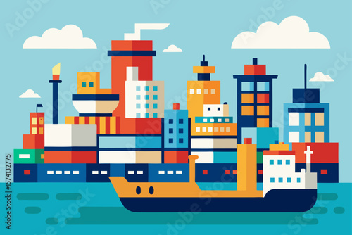 bustling port city with cargo ships