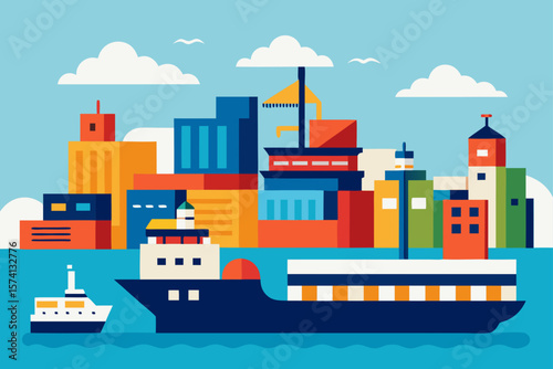 bustling port city with cargo ships