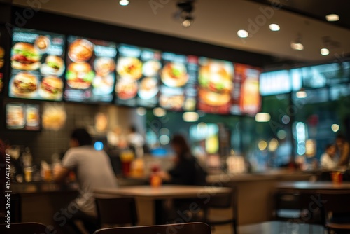 Blurred fast food restaurant interior at night
