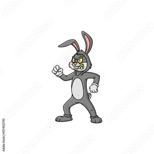 Cartoon rabbit character in a gray suit, standing in a fighting stance with an angry expression.