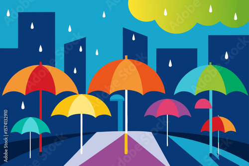 colorful umbrella street in rainy weather